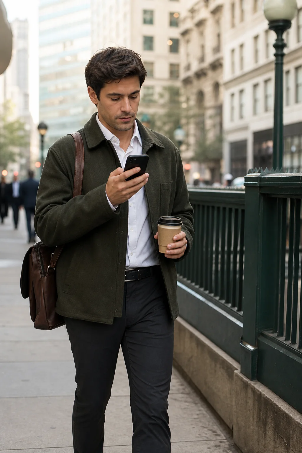 Illustrative AI-generated image of a commuter messaging Aether while walking to work