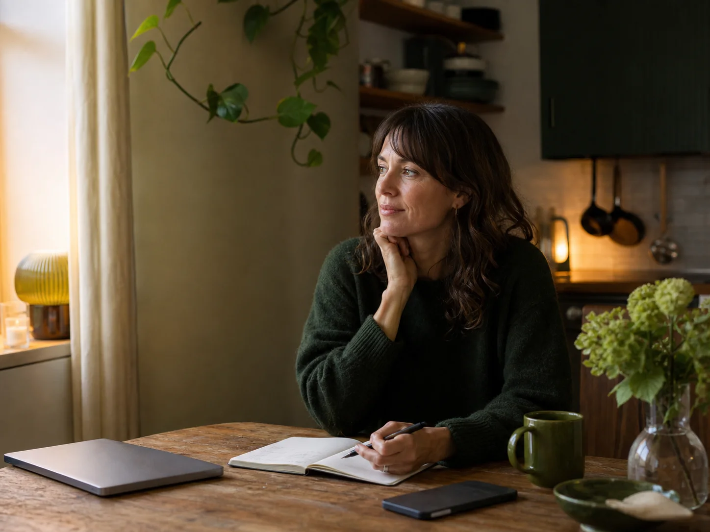 Illustrative AI-generated image of a woman thinking at her kitchen table with a notebook