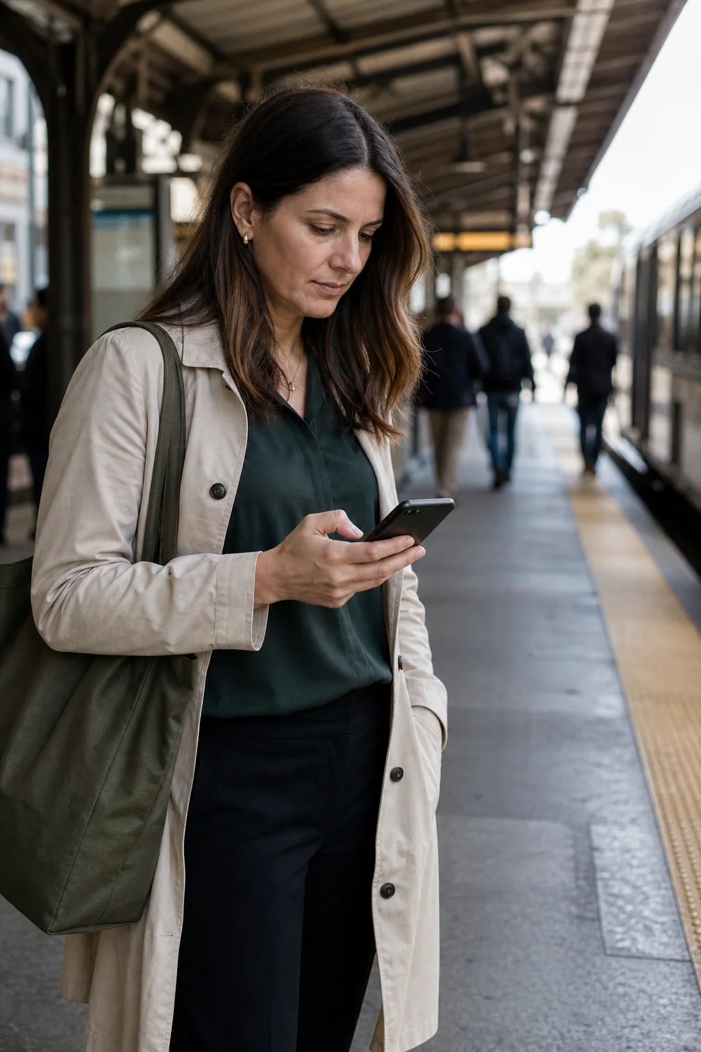 Illustrative AI-generated image of a commuter messaging Aether at a train platform