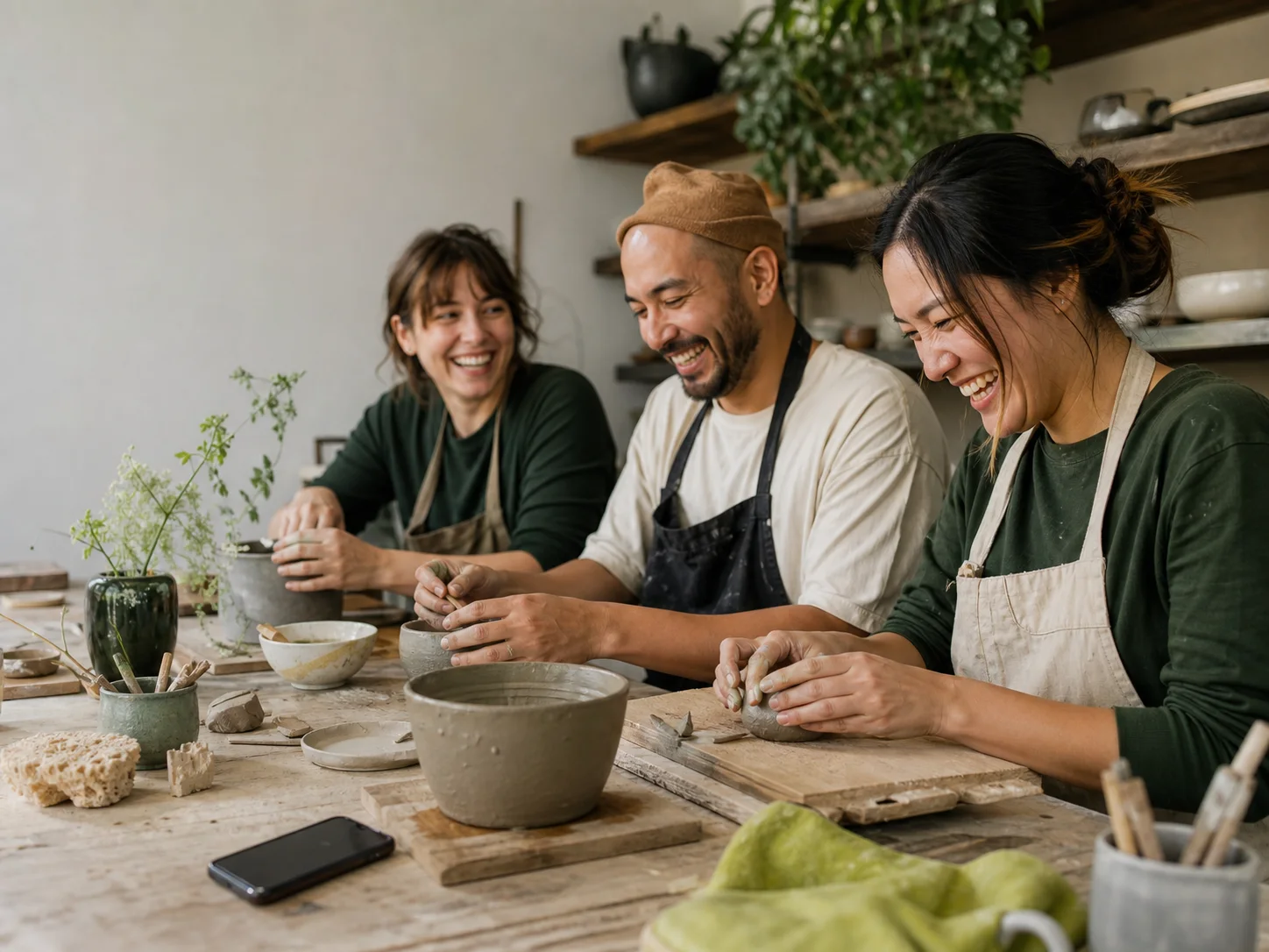 Illustrative AI-generated image of three friends enjoying a pottery workshop together