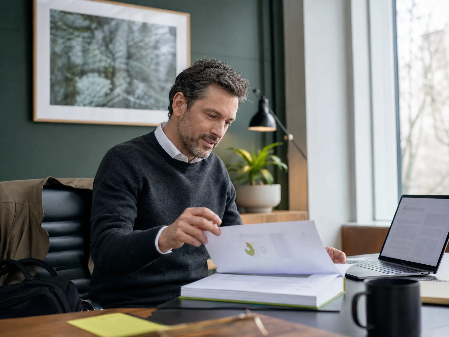 Illustrative AI-generated image of a professional reviewing a prepared report at his desk